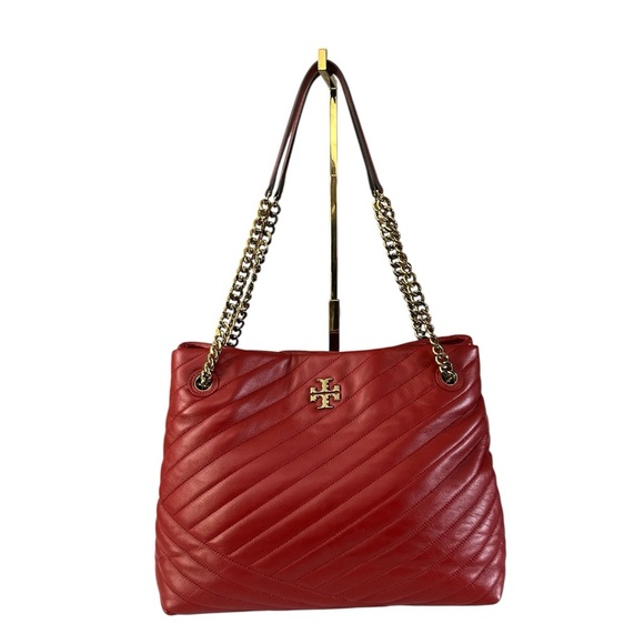 RARE Tory Burch Kira Chevron Tote Red Quilted Lambskin Gold Chain Straps - Picture 1 of 17